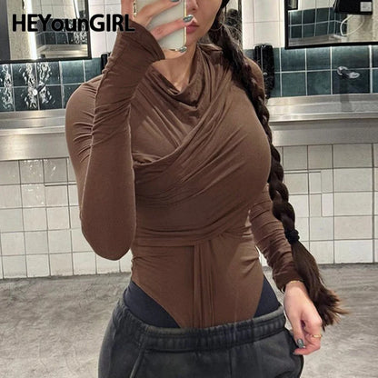 Brown Irregular Folds Women Bodysuit Stylish Chic Long Sleeve Autumn Fitted Body Top O Neck Rompers Sexy Clubwear