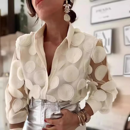 Blusa elegante de manga larga con botones delanteros y estampado de pétalos 3D para mujer | Ideal para primavera/verano