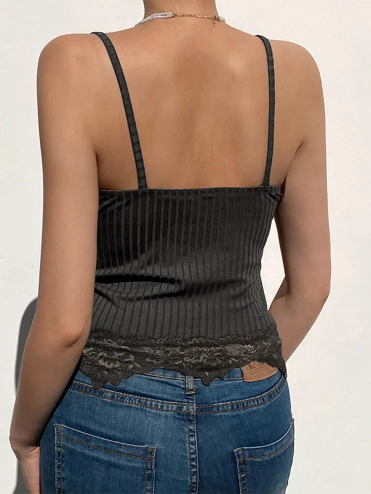 Gothic Basic Bodycon Grunge Lace Trim Cami Top