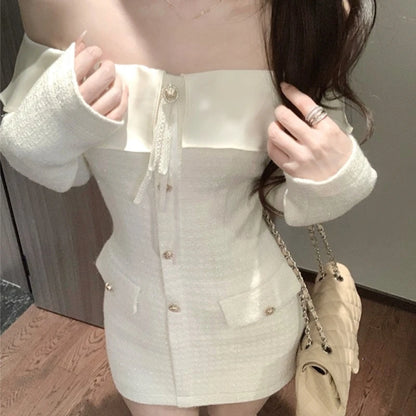 Elegant Tweed Slash Neck Short Dresses for Women Long Sleeve Slim Waist Birthday Party Dress Korean Fashion Vestidos Mujer