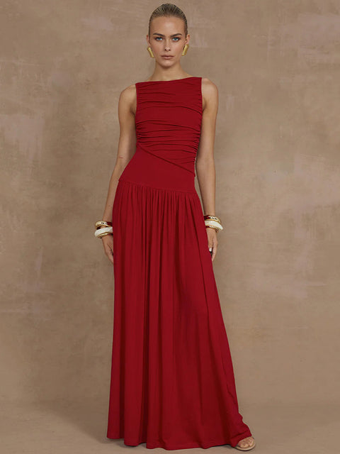 Elegant Sleeveless Maxi Dress For Women Fashion Solid Boat Neck Tank Dresses Ladies Sexy Ruched Long Dress New Gown