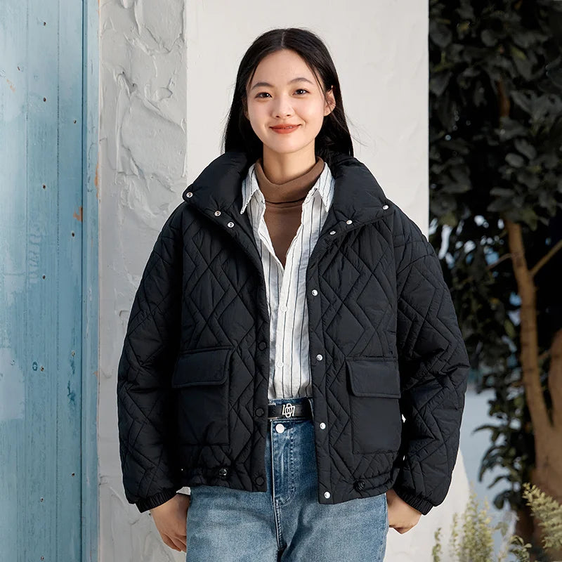 Cotton Clothing Women Stand Collar Loose  New Winter Texture Rhombus Cotton Coat Fashion Casual
