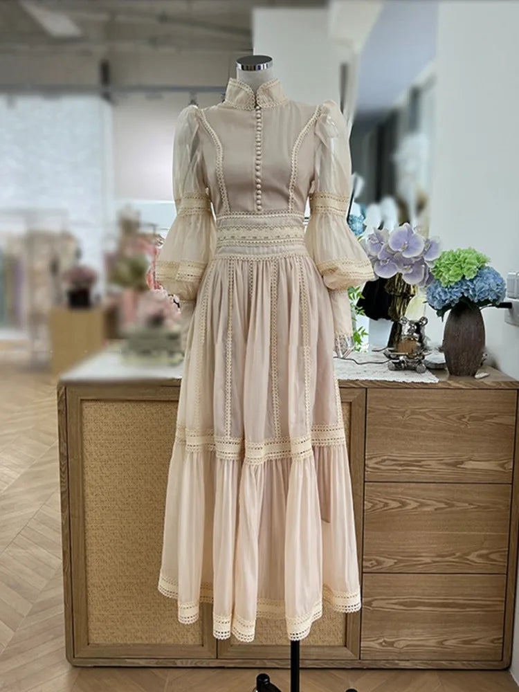 Elegant Long Dress Fairy Style Stand Up Collar Lantern Sleeves Splicing Waist Fashion Dresses Women 2025 Spring Autumn 1351