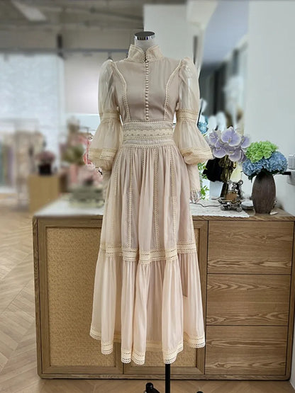 Elegant Long Dress Fairy Style Stand Up Collar Lantern Sleeves Splicing Waist Fashion Dresses Women 2025 Spring Autumn 1351