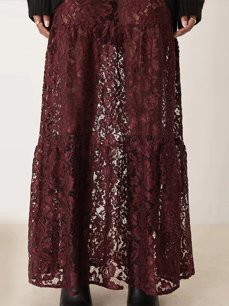 Elegant Floral Lace Hollow Out Skirts Women Sexy Retro Solid Low Waist Long Skirt Female Korean Autumn Summer Loose Versatile