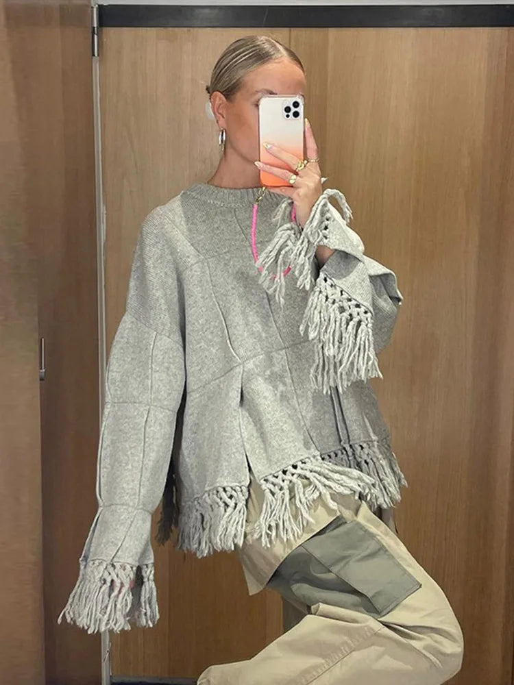 Vintage Solid Pleated Tassel Sweaters Women Casual Loose Knitted Pullover Sweater Female Autumn Chic Elegant High Street Tops