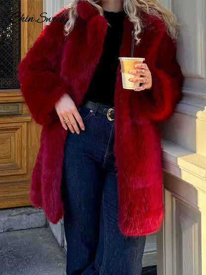 Luxury Women’s Red Faux Fur Long Overcoat Fleece Thick Warm Full Sleeve Lapel Cardigan Coat  Winter Fashion Loose Outerwear
