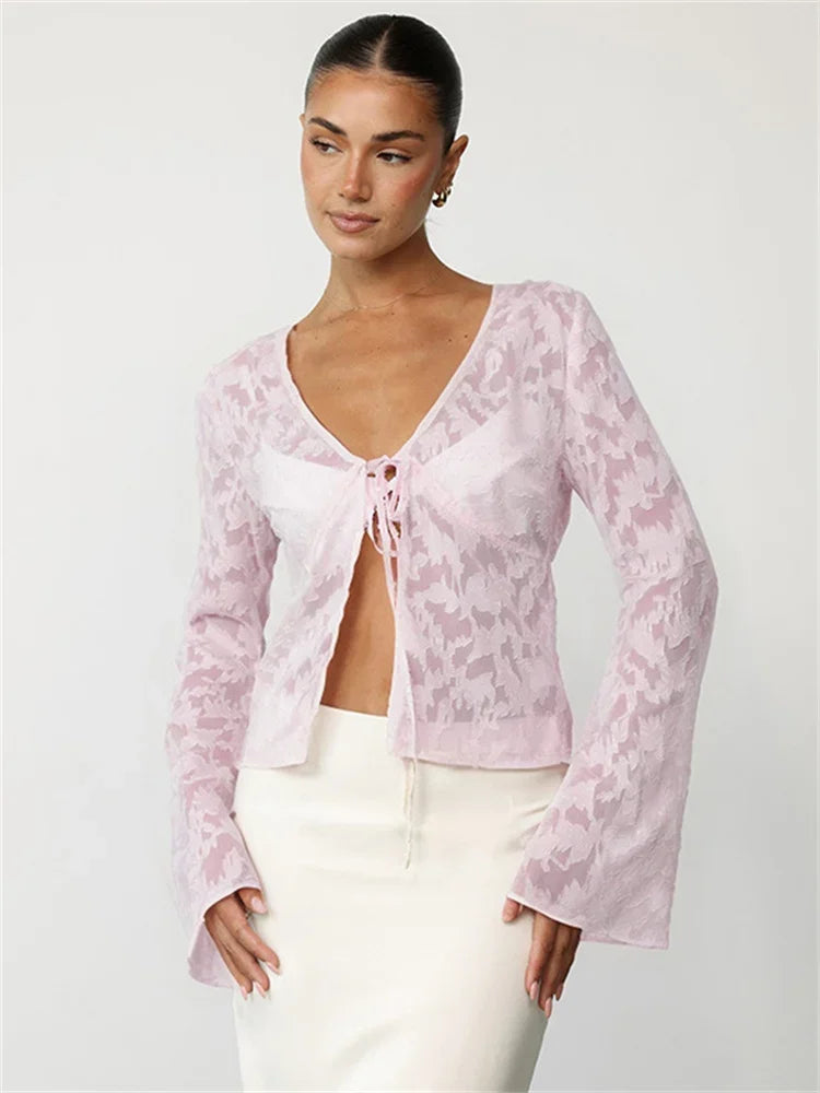 Lace Printed See-Through T-shirt Cardigan Top Female Lace-Up Patchwork Sexy Cropped Y2k Top Tee Women&#8217;s Bandage Top