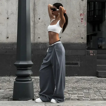 TAVIMART  - Y2K Lace Patchwork Waist Pants Women Baggy Casual Korean Oversize Office Trousers