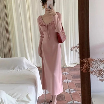 Women Dress y2k Clothes Solid Color Ruffle Tie Up V Neck Long Sleeve Bodycon Long Dresses Party Dresses Streetwear