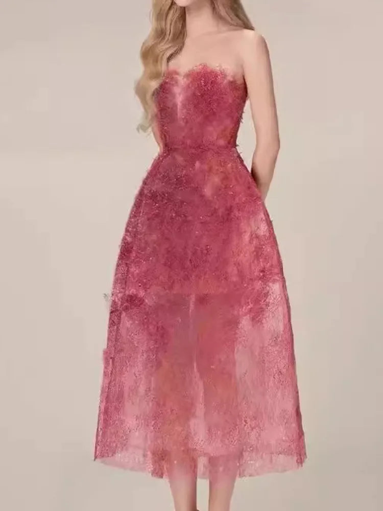 Korean Style 3D Flower Sequin Lace Strapless Dress Elegant Multi-color Mesh Long Dresses Women 2025 New Spring Summer A7877