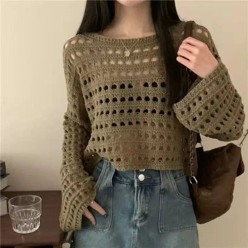 Vintage Hollow Out T-shirt Casual Knit Sweater Loose Y2K T-shirt Crewneck Thin Sweater Autumn Pullovers Fashion Streetwear