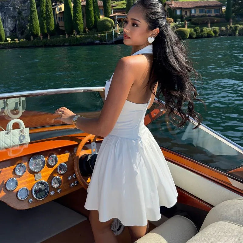 White Halter Dress For Women’s Elegant Sleeveless Bodycon Short Dresses A-Line Patchwork Beach Holiday Dresses Vestido