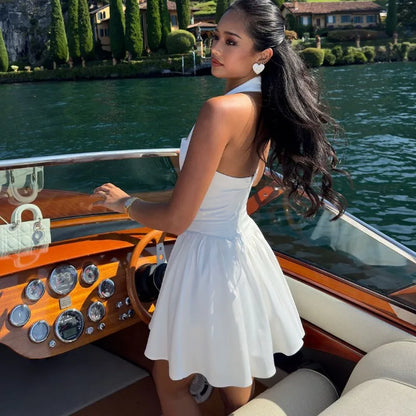 White Halter Dress For Women’s Elegant Sleeveless Bodycon Short Dresses A-Line Patchwork Beach Holiday Dresses Vestido
