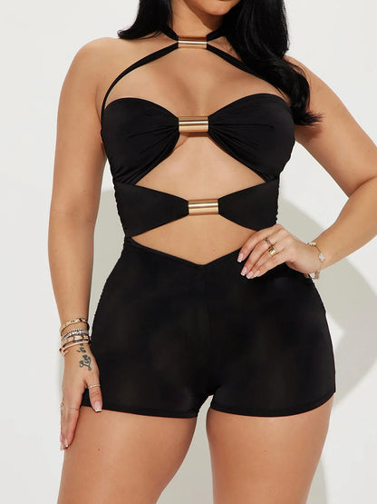Hollow Out Skinny Sexy Tie Halter Rompers Womens Sleeveless Rave Summer Vacation Baddie Playsuits