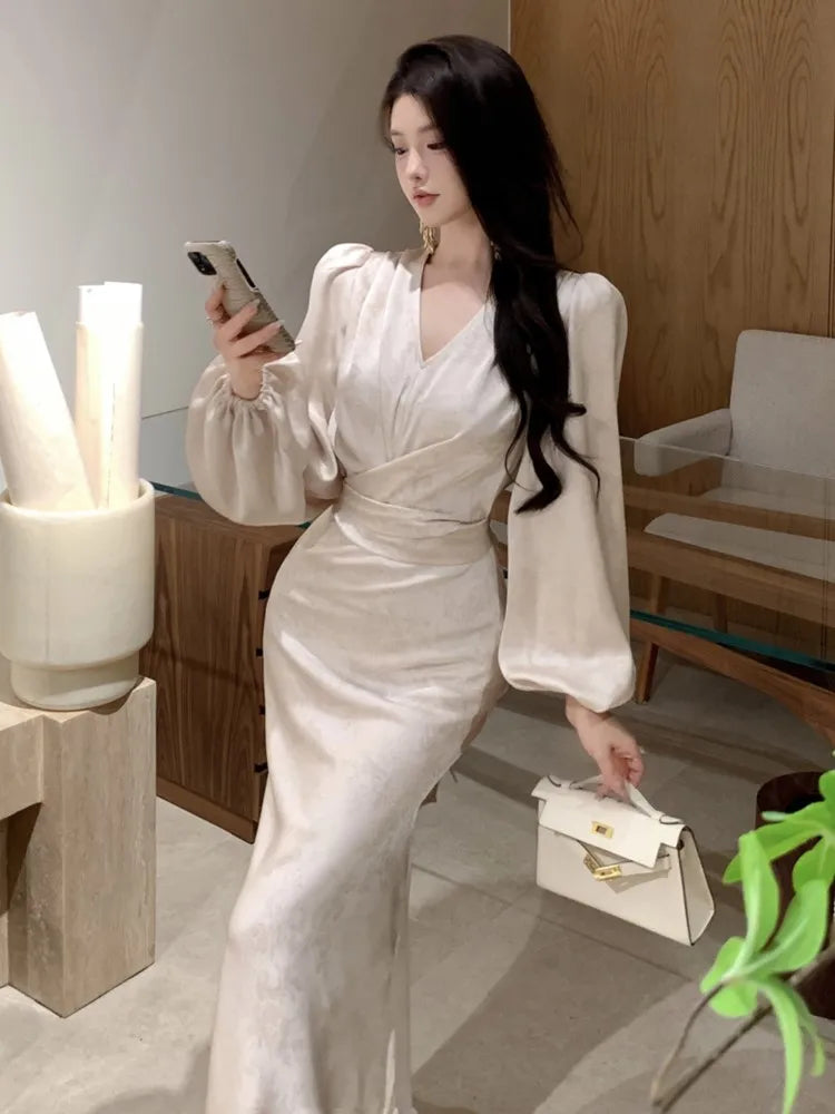 Elegant Bodycon Printed Midi Dresses for Women V-neck Lantern Sleeve Slim Waist Mermaid Evening Party Dress Autumn New Vestidos