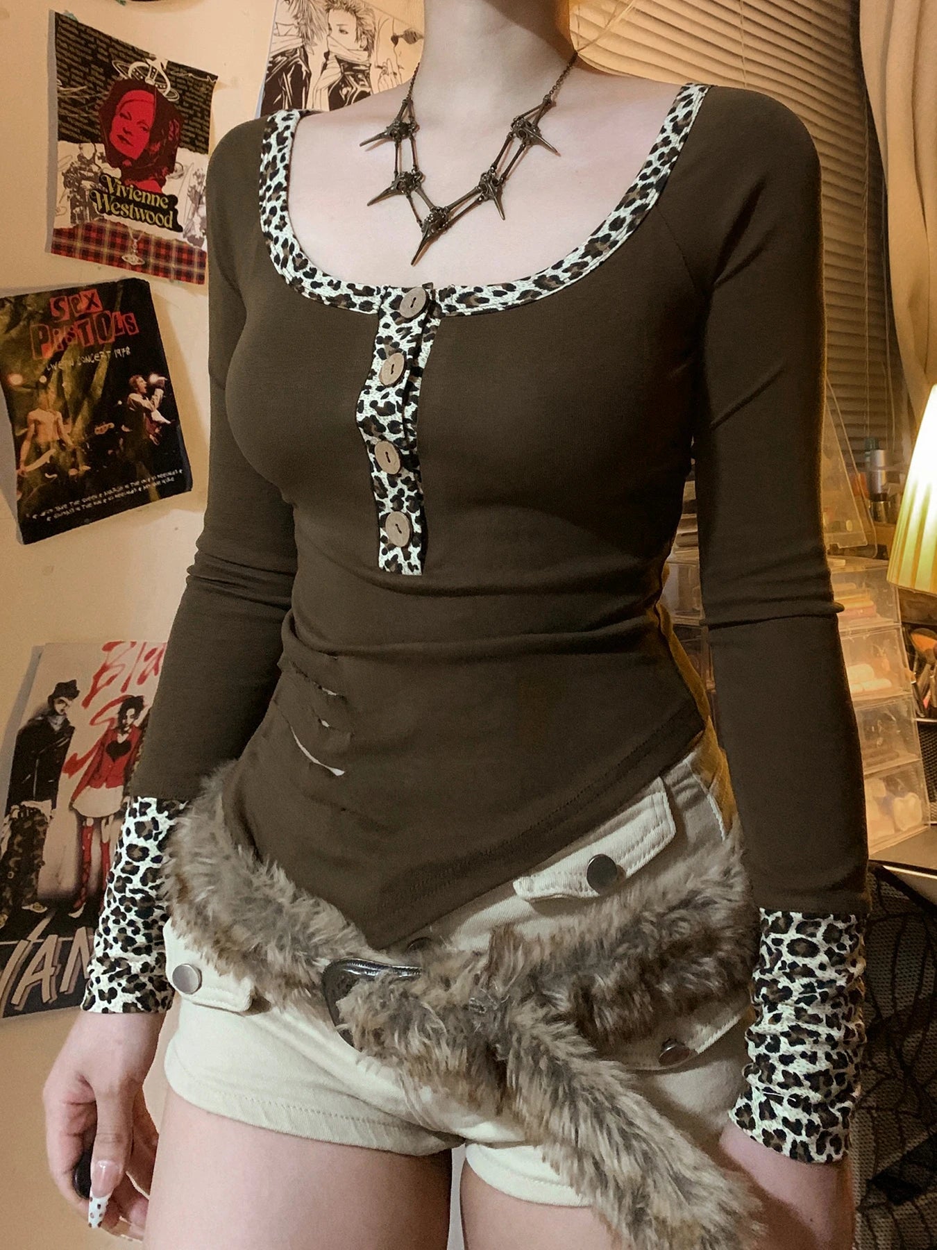 Y2k Trendy Retro Irregular Women¡¯s Tops Long Sleeve Patchwork Leopard Square Collar Button Chic Ripped T-Shirts