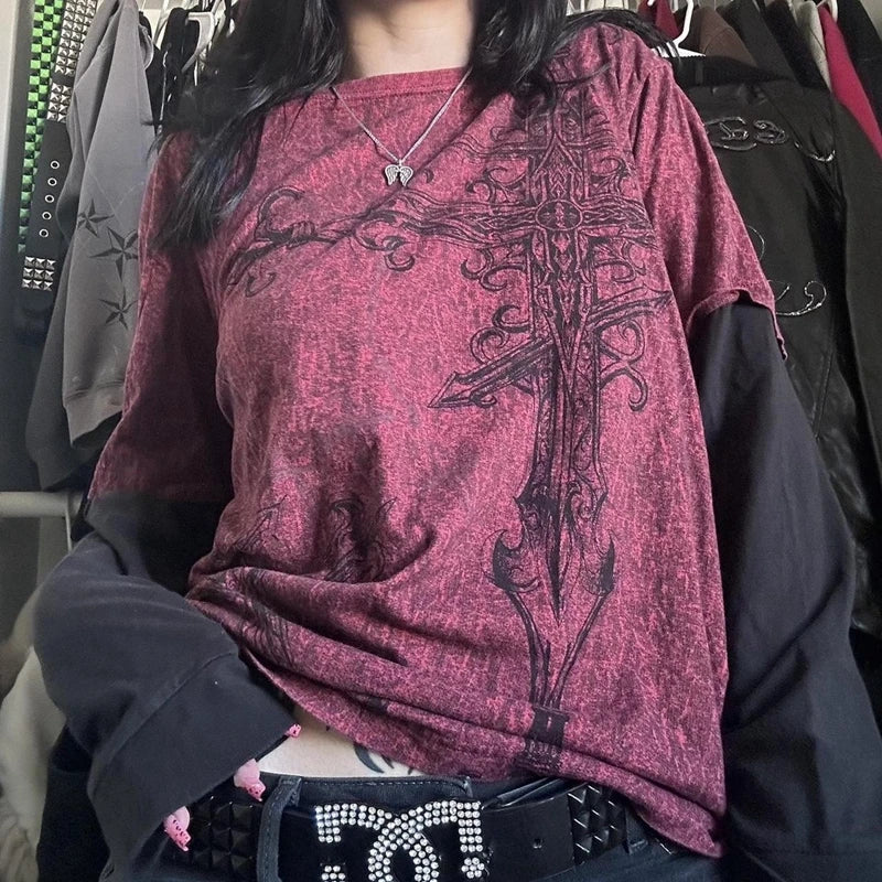 Y2K Grunge Emo Vintage T-shirt 2000s Cross Cyber Goth Patchwork Long Sleeve Tees E-girl Gothic Harajuku Loose Tops Women Men