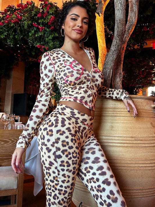 Leopard Flare Pant Slim Knit Set