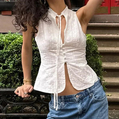 y2k Tank Top Clothes White Flower Embroidery Mock Neck Front Cutout Sleeveless T Shirt Vest Streetwear