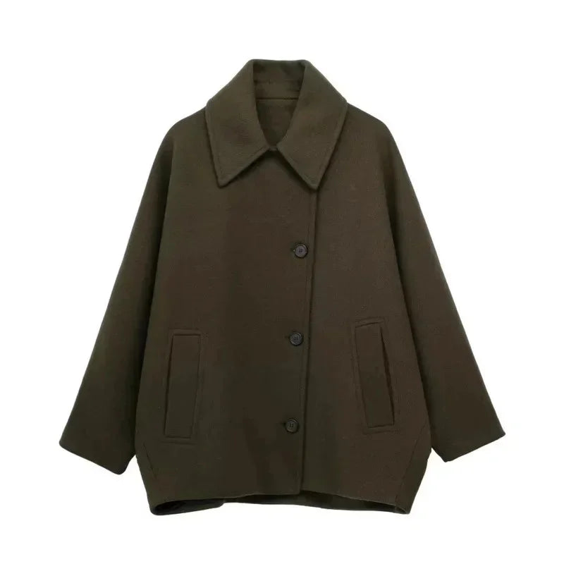 Diagonal Breasted Warm Loose Jacket Women Lapel Double Pocket Batwing Sleeve Solid Coats Winter Female Chic Vintage Outwear