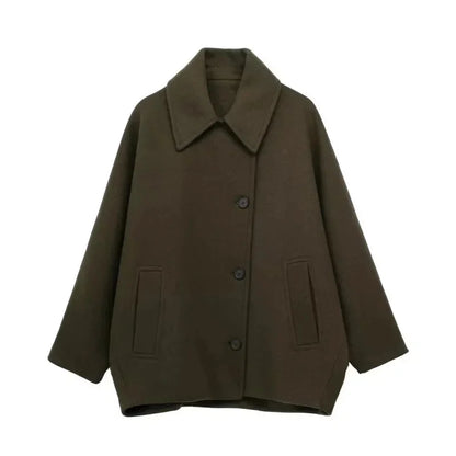 Diagonal Breasted Warm Loose Jacket Women Lapel Double Pocket Batwing Sleeve Solid Coats Winter Female Chic Vintage Outwear