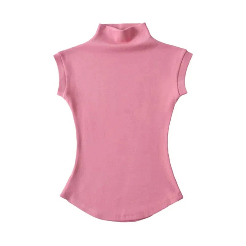 y2k Crop Tops Vest Solid Color Mock Neck Sleeveless Stretchy T Shirts 2000s Aesthetic Clothing Streetwear