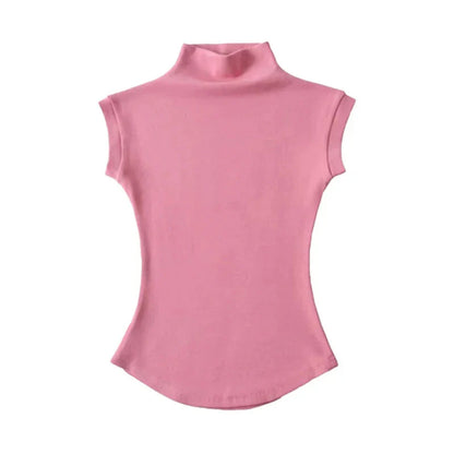 y2k Crop Tops Vest Solid Color Mock Neck Sleeveless Stretchy T Shirts 2000s Aesthetic Clothing Streetwear
