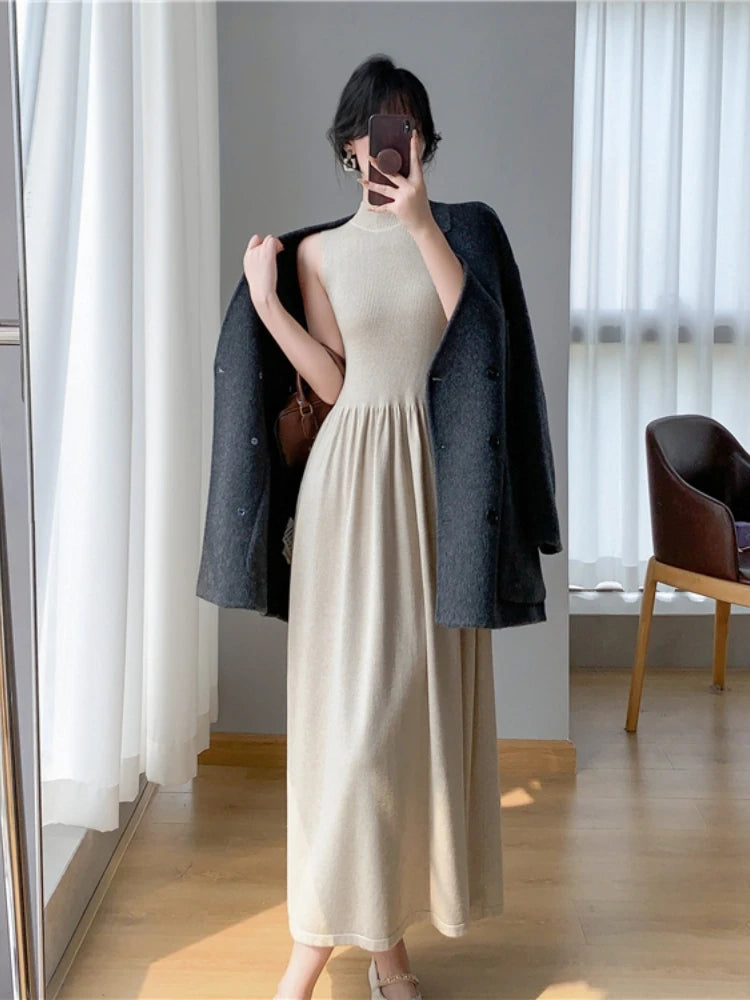 Spring Summer New Casual Elegant Sleeveless Knitted Midi Dress Slim Elegant Ladies Robe