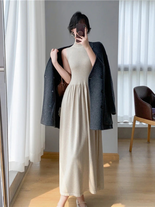 Spring Summer New Casual Elegant Sleeveless Knitted Midi Dress Slim Elegant Ladies Robe