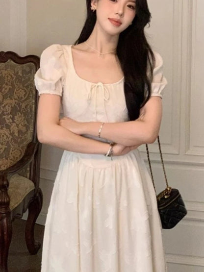 Elegant Midi Dresses for Women Summer New Puff Sleeve Square Collar A-line Casual Birthday Party Dress Korean One Piece Vestido