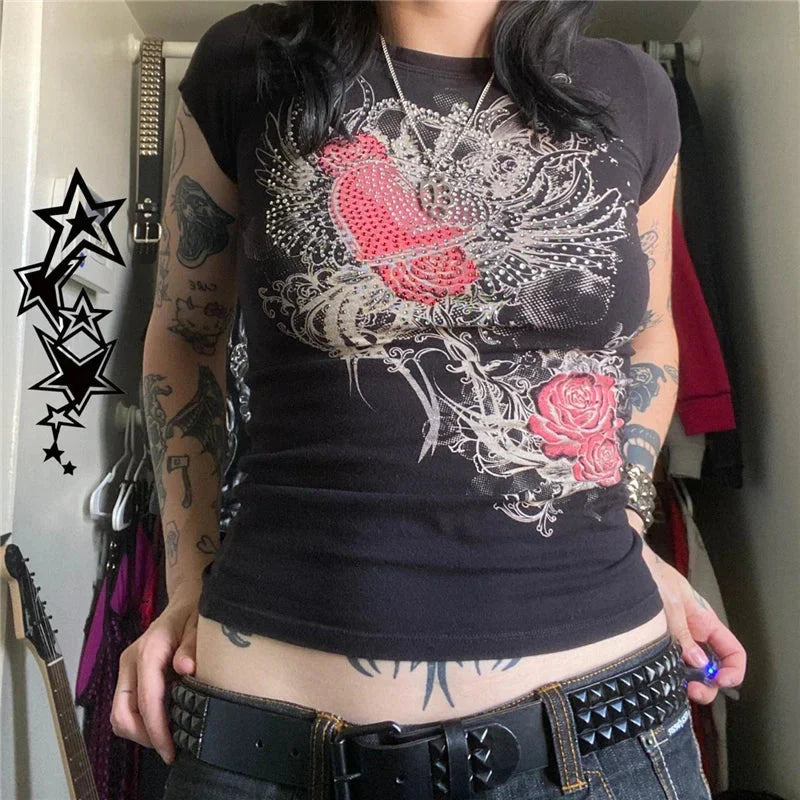 Cyber y2k Tops Cybercore Clothing Rhinestone Cross Print Short Sleeve Baby Tee 2000s Aesthetic T Shirt Streetwear