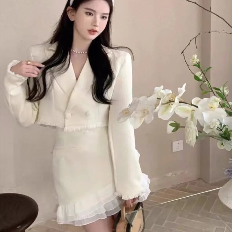 Autumn New Luxury Two-piece Skirt Set Women Lapel Crop Jacket Ruffles Patchwork Bodycon Mini Skirt Korean Fashion Female Outfits