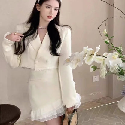 Autumn New Luxury Two-piece Skirt Set Women Lapel Crop Jacket Ruffles Patchwork Bodycon Mini Skirt Korean Fashion Female Outfits