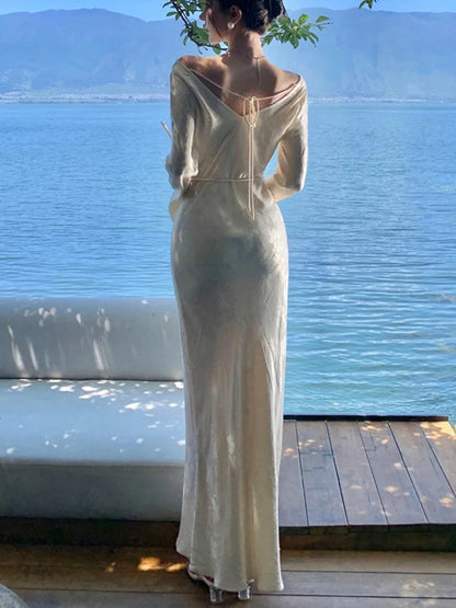 French Vintage Evening Dresses for Women Autumn Bodycon Wedding Prom Robe Flare Sleeve Swinging Collar Midi Vestidos Mujer New