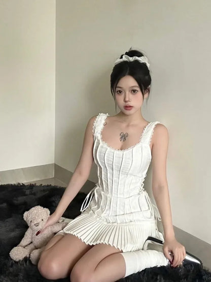 Elegant Pleated Short Dresses for Women Summer New Sleeveless Square Collar White Dress Korean Fashion Y2K One Piece Vestido