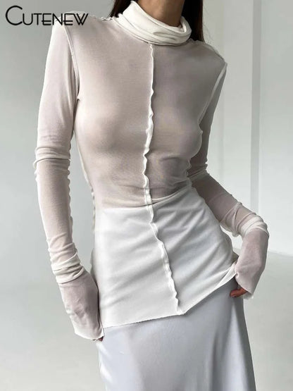 Solid Thin Sheer Autumn Women T-shirts Classic Ruched Trim High Collar Full Sleeve Basic Tees Female All-matched Tops