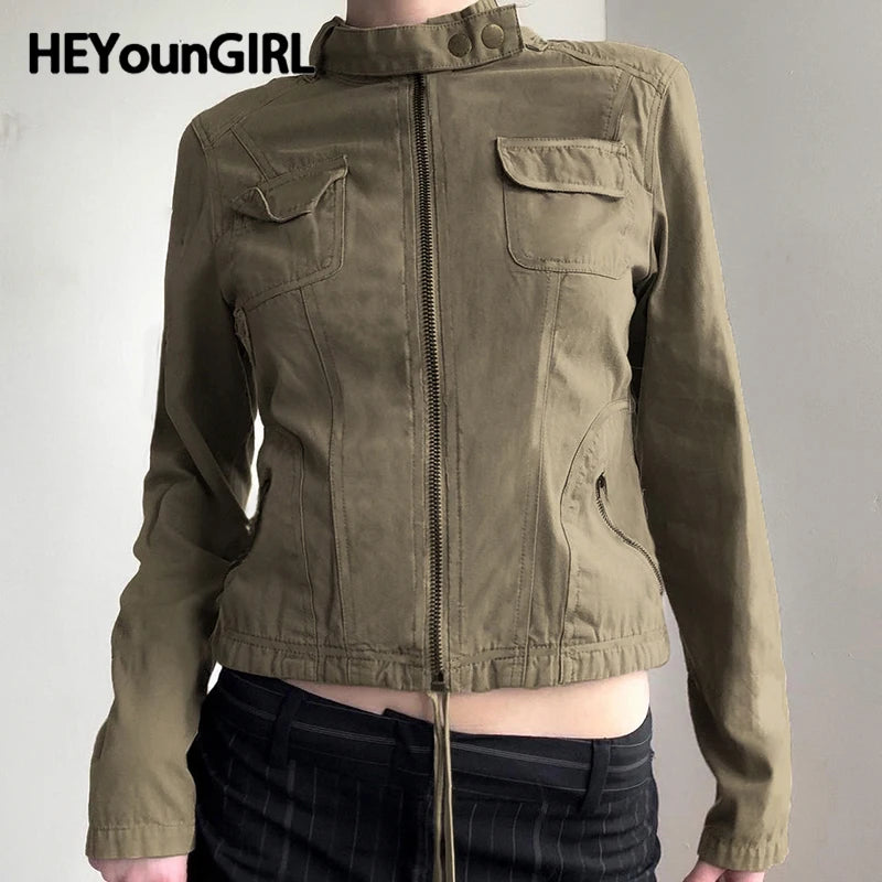 Women Patchwork Stand Collar Military Jacket Vintage Y2K Autumn Pockets Zipper Coat Grunge Style Streetwear Outfits