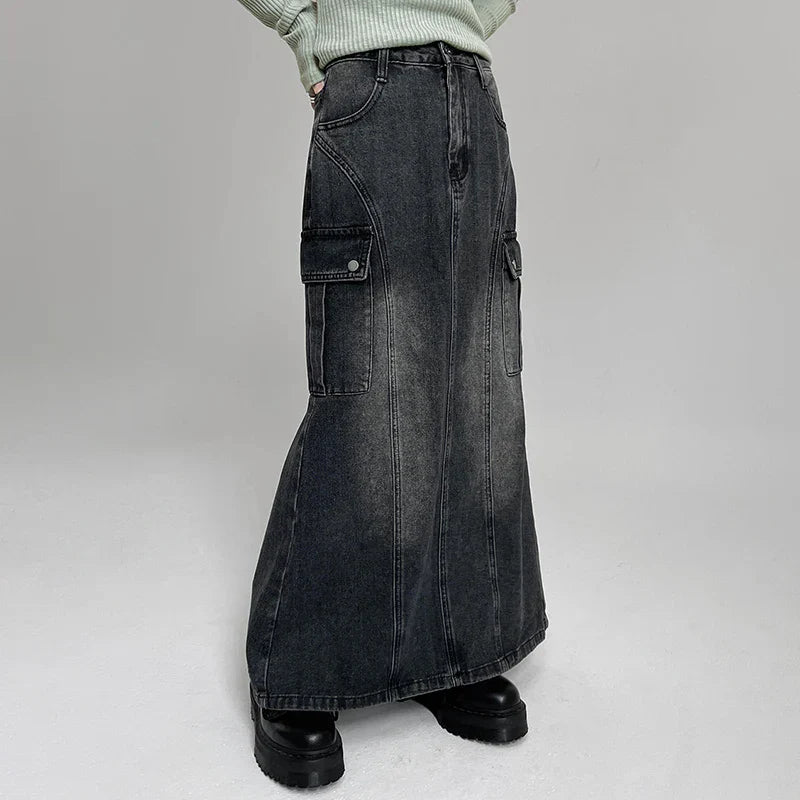 Voguable Vintage Pocket Split Washed Denim Maxi Skirt High Waist Y2K Streetwear Long Skirts Harajuku Korean Fairy Grunge