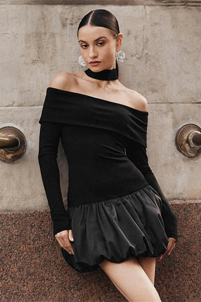 Slim High Waist Off-Shoulder Long Sleeve Mini Dress