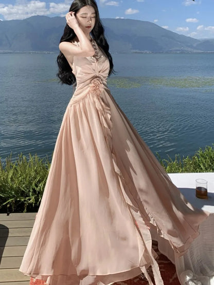 Summer New Ruffles A-line Long Dresses for Women Halter Backless Holiday Seaside Party Dress Korean Fashion One Piece Vestido