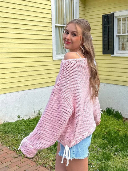 Chic Loose Lace Up Women’s Sweater Elegant Round Neck Long Sleeves Pullover Top Lady Autumn Fashion Streetwear
