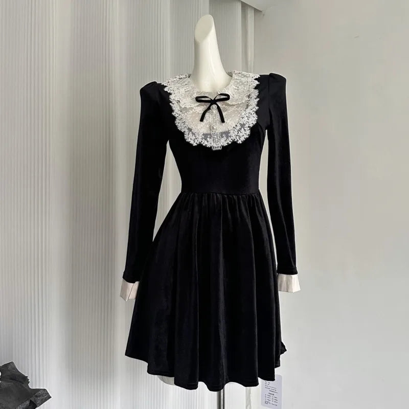 French Vintage Princess Evening Party Dresses Women Lace Patchwork Velvet Mini Dress A-line Korean Fashion Autumn Vestidos Mujer