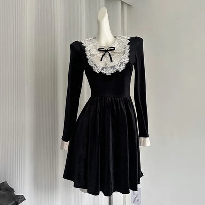 French Vintage Princess Evening Party Dresses Women Lace Patchwork Velvet Mini Dress A-line Korean Fashion Autumn Vestidos Mujer