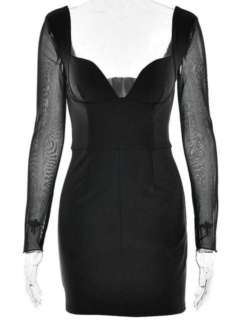 Elegant Long Sleeve Mesh Patchwork Zipper Tight Dress Women Sexy Deep V-Back Short Skirt Party Club Evening Dress 2025