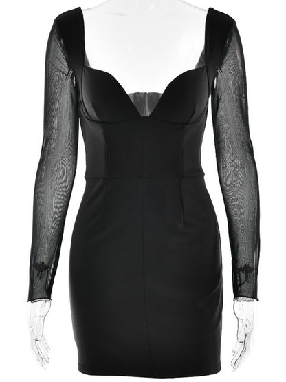 Elegant Long Sleeve Mesh Patchwork Zipper Tight Dress Women Sexy Deep V-Back Short Skirt Party Club Evening Dress 2025