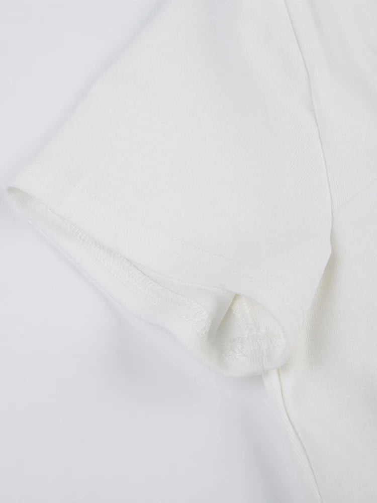 Solid Bust Ruched Tie Patchwork Lace Short Sleeve White T-Shirt Women Balletcore Y2K Cute Clothes
