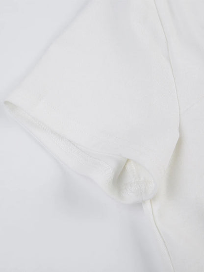 Solid Bust Ruched Tie Patchwork Lace Short Sleeve White T-Shirt Women Balletcore Y2K Cute Clothes