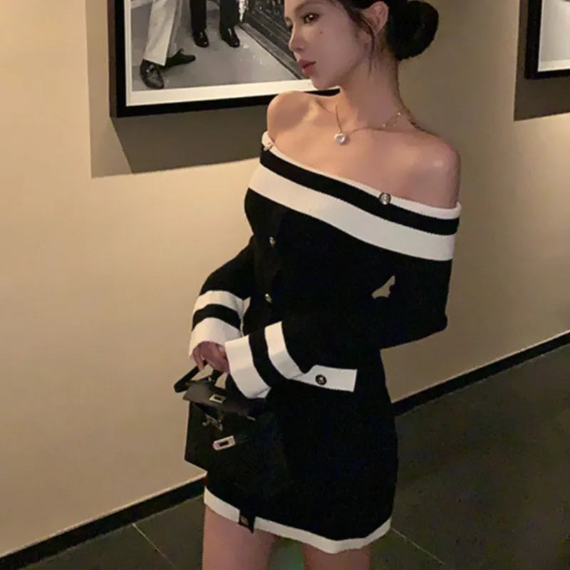 Elegant Slash Neck Knitted Dress Women Long Sleeve Bodycon Mini Dresses Korean Fashion Autumn Winter New Slim Casual Vestidos