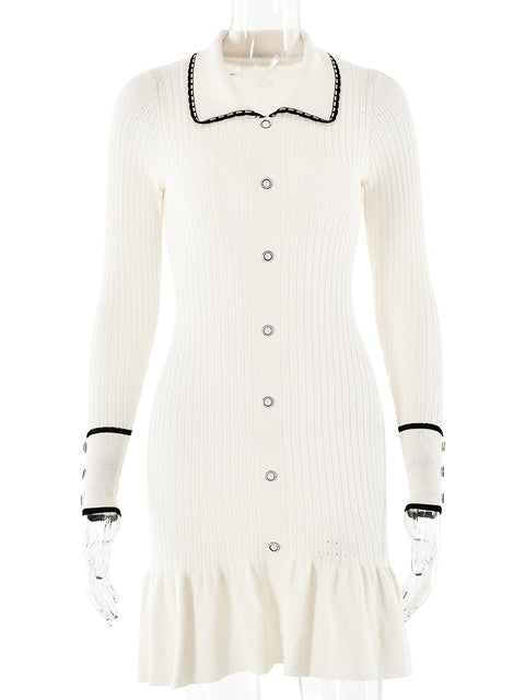 Elegant Knitted Sweater Button Elastic Slim Women Dress Lotus Leaf Edge Bodycon Long Sleeve Fall New  Female Vestido